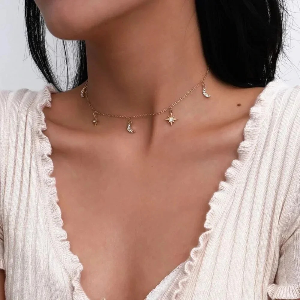 Dainty Moon & Star Choker Necklace